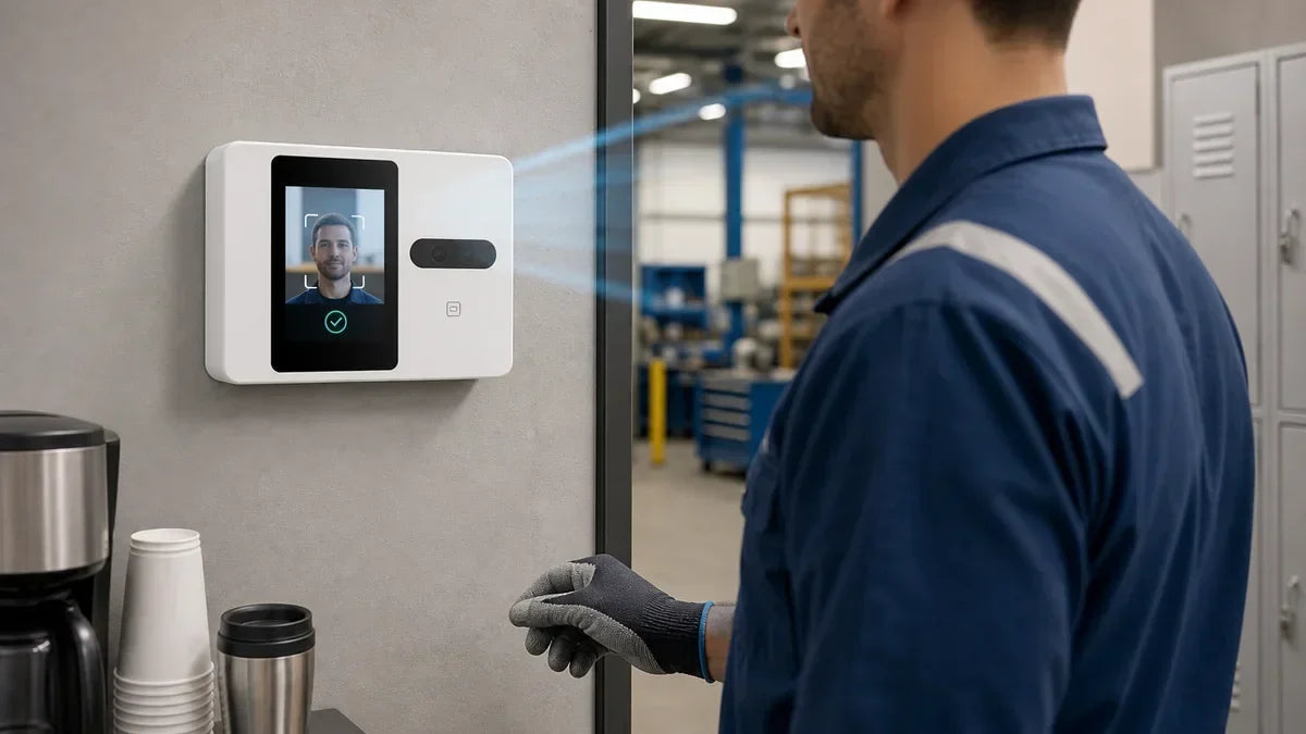 Worker authenticating with ngteco facial recognition device showing green checkmark in industrial facility