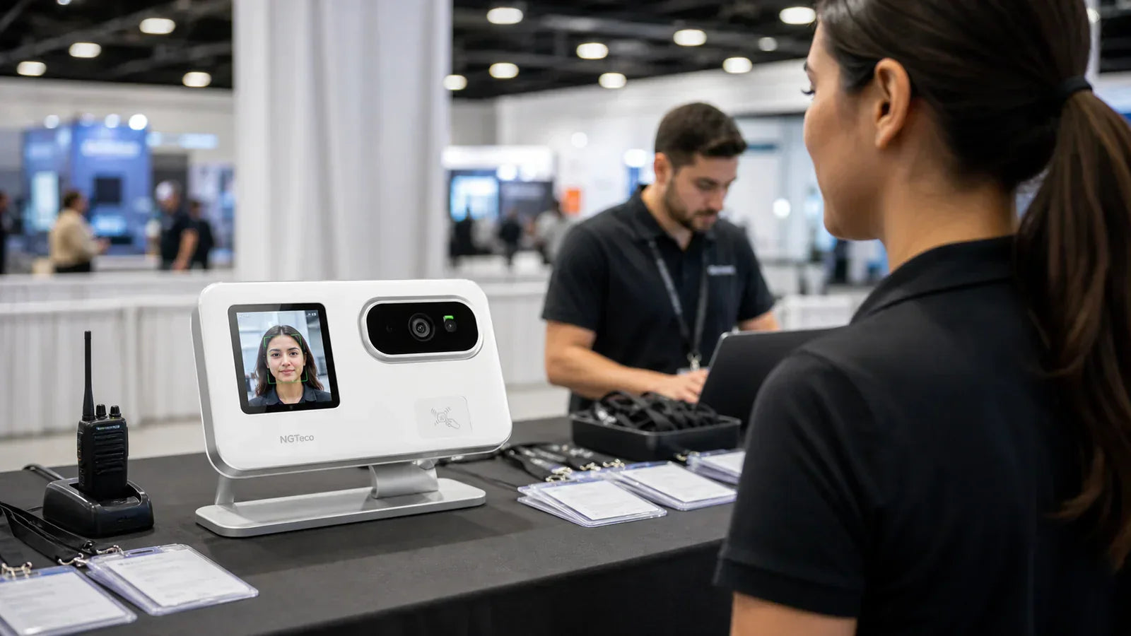 NGTeco facial recognition time clock at a trade show staff check-in table