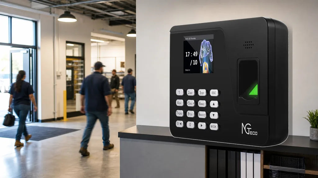 NGTeco AS10 biometric time clock mounted at a busy small-business staff entrance