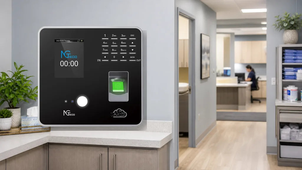 NGTECO biometric time attendance device mounted in a modern office, with a fingerprint scanner and keypad