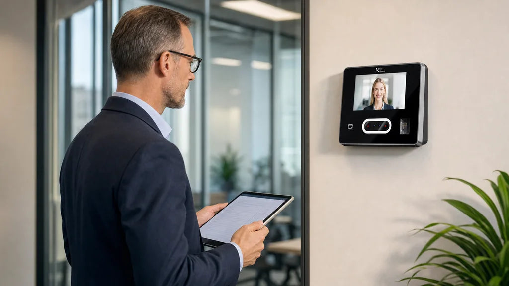 NGTECO video intercom on office wall shows visitor video call as businessman holds tablet nearby
