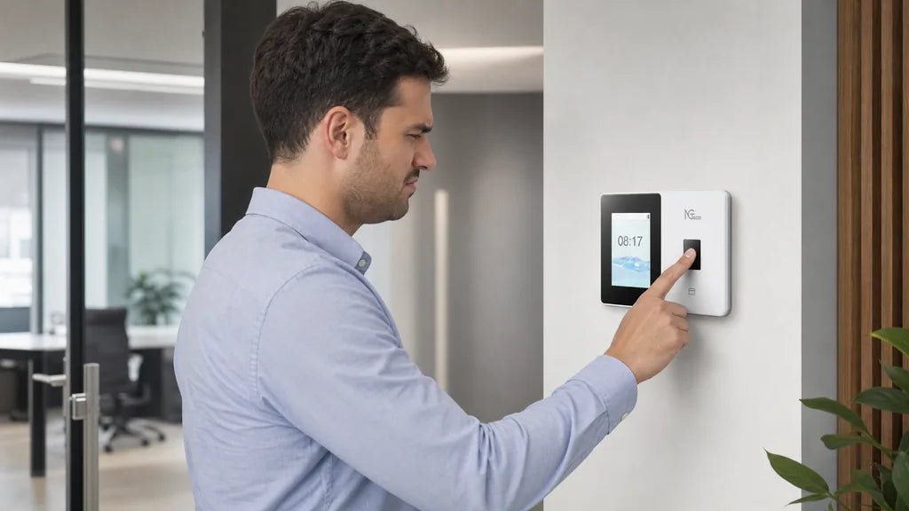 Employee tapping a wall-mounted NGTeco fingerprint time clock to record a backup clock-in