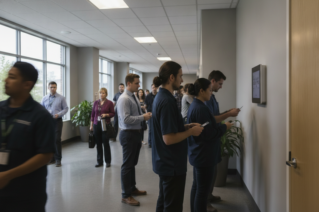 A wall-mounted employee time clock in a busy workplace entrance with several workers lining up during a shift change