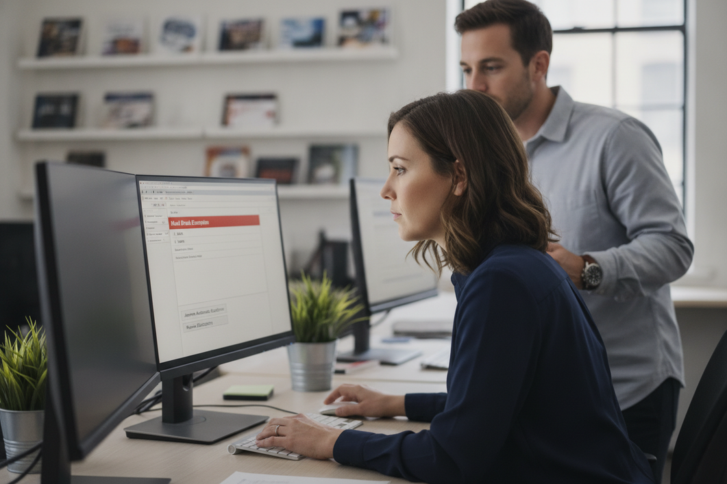 Person reviewing a timecard exception on a desktop payroll system in an office setting