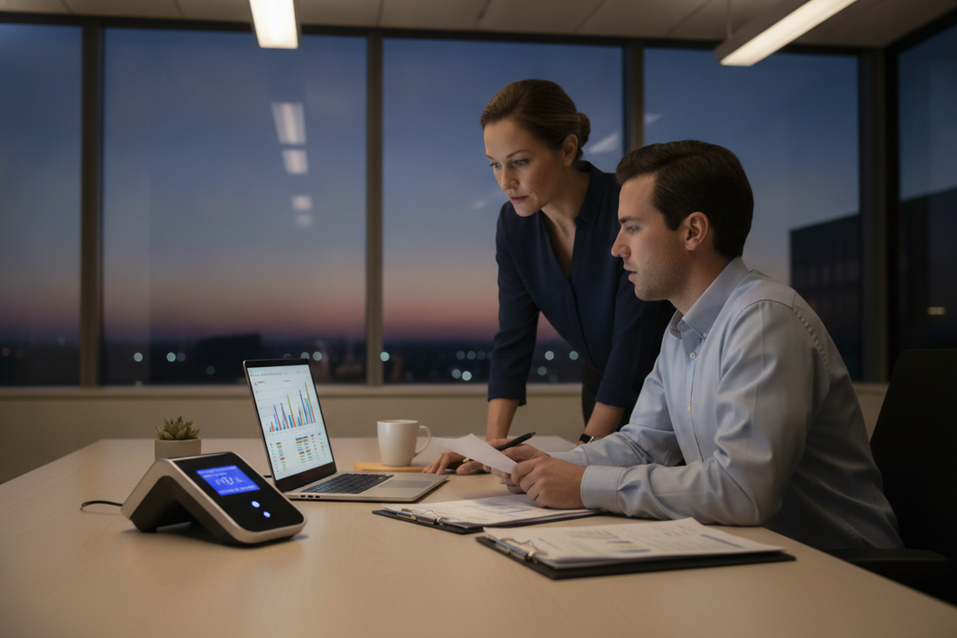 Overnight shift time clock on a desk with a supervisor reviewing a cross-midnight attendance record on a laptop in a small office
