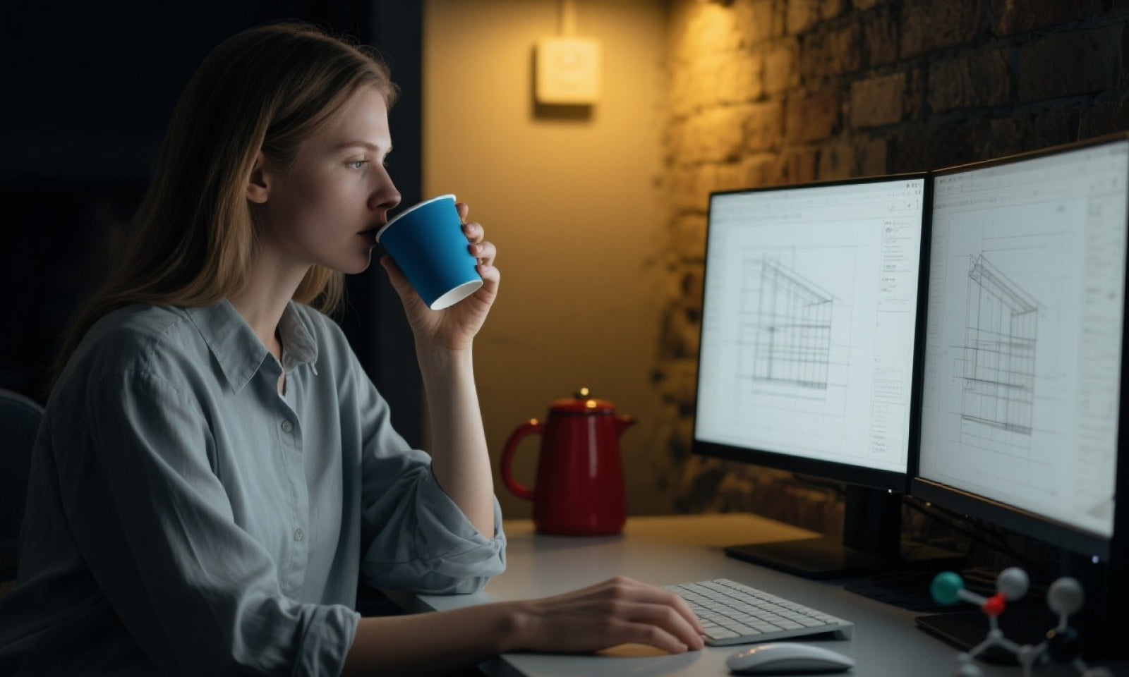 Woman sips coffee, working late on architectural plans displayed across dual monitors in a warm, dimly lit office