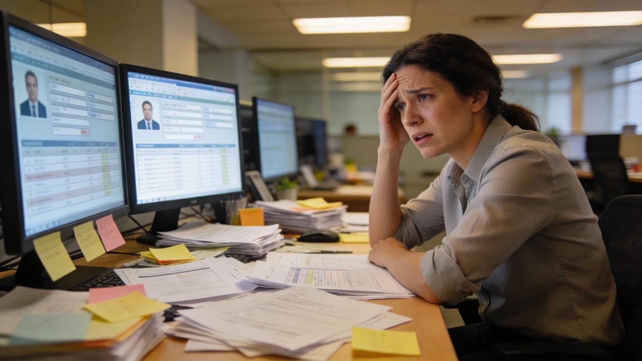 Stressed woman overwhelmed by heavy workload and messy desk with dual monitors in an office