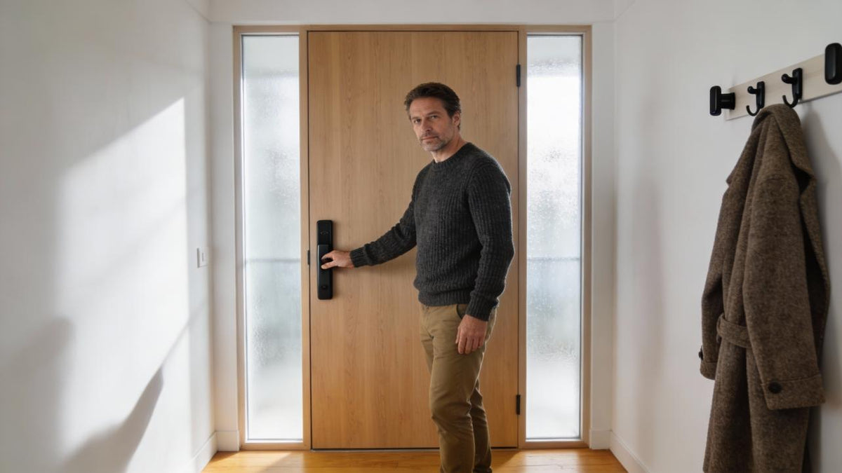 Man opening a wooden front door with a modern black smart lock