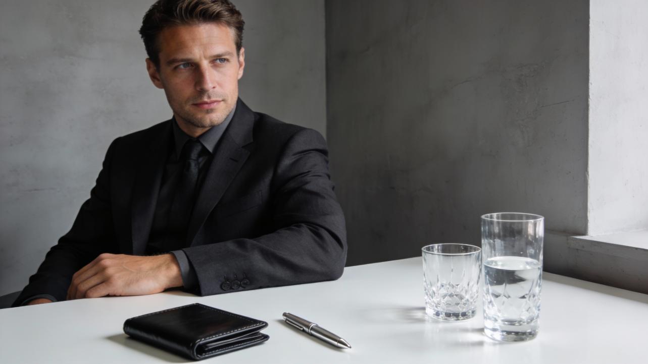 A man in a black suit sits at a table with a wallet, pen, and glasses of water, looking off to the side.
