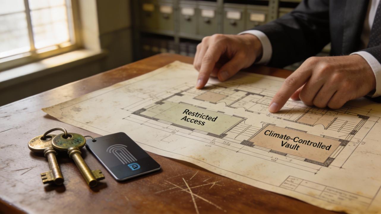 A person points to a vault on a floor plan, with keys and an access card on a wooden desk