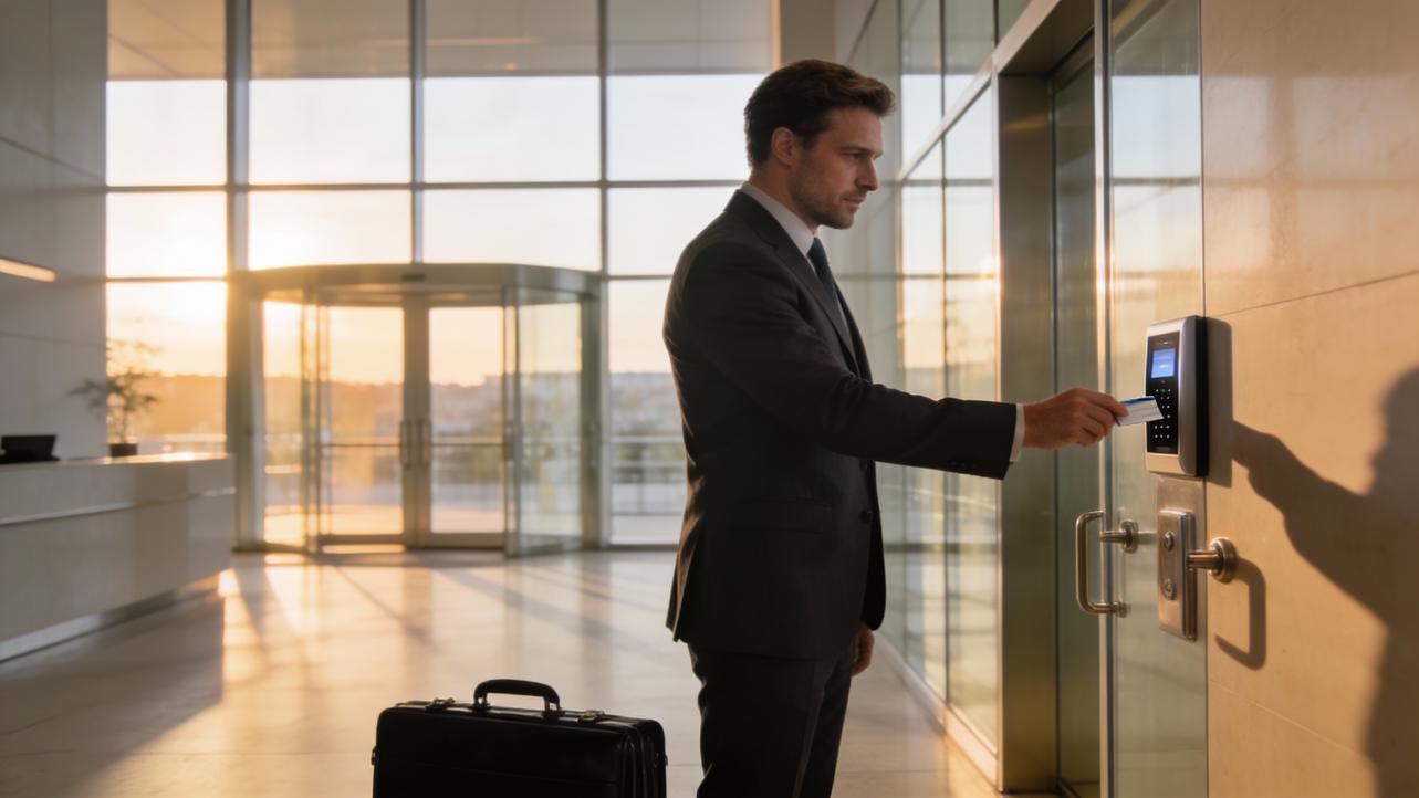 A businessman uses an access card to enter a modern office lobby during a golden sunset
