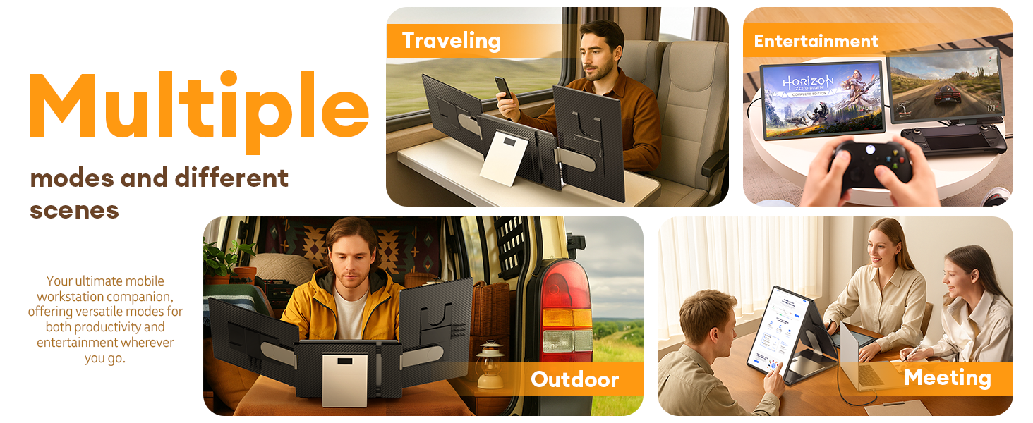 Your ultimate mobile workstation companion, offering versatile modes for both productivity and entertainment wherever you go.