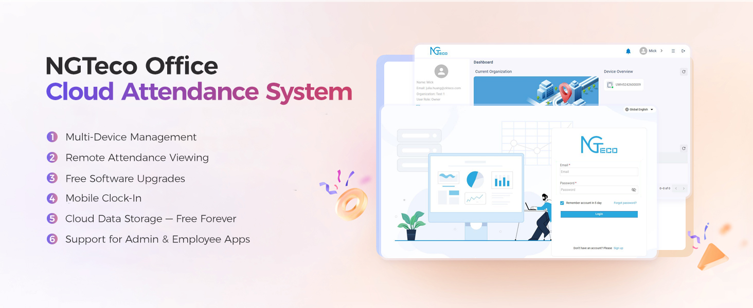 NGTeco cloud attendance system overview – supports multi‑device management, remote attendance tracking, mobile clock‑in, free cloud storage, software upgrades and admin/employee app support.