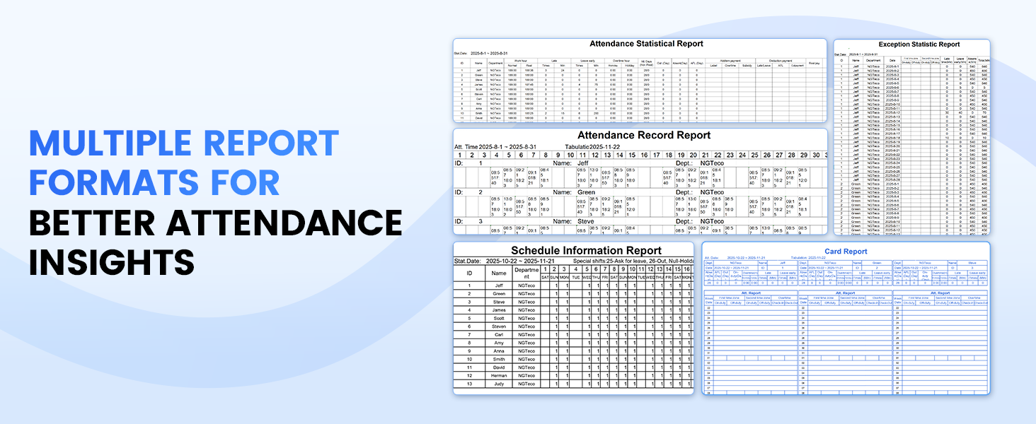 NOTECO attendance management system multiple report formats including Attendance Statistical Report and Attendance Record Report for detailed workforce insights.