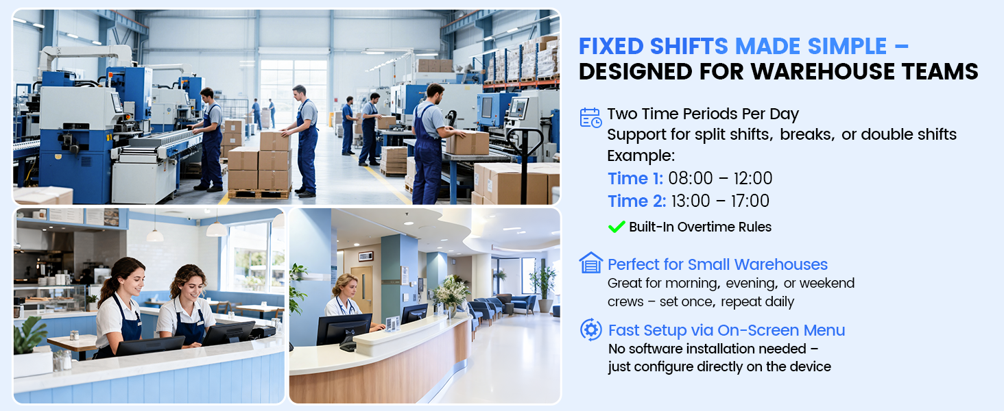 NGTECO fixed shift scheduling system for warehouses - supports split shifts, breaks, and overtime rules with fast on-screen setup, no software installation required.
