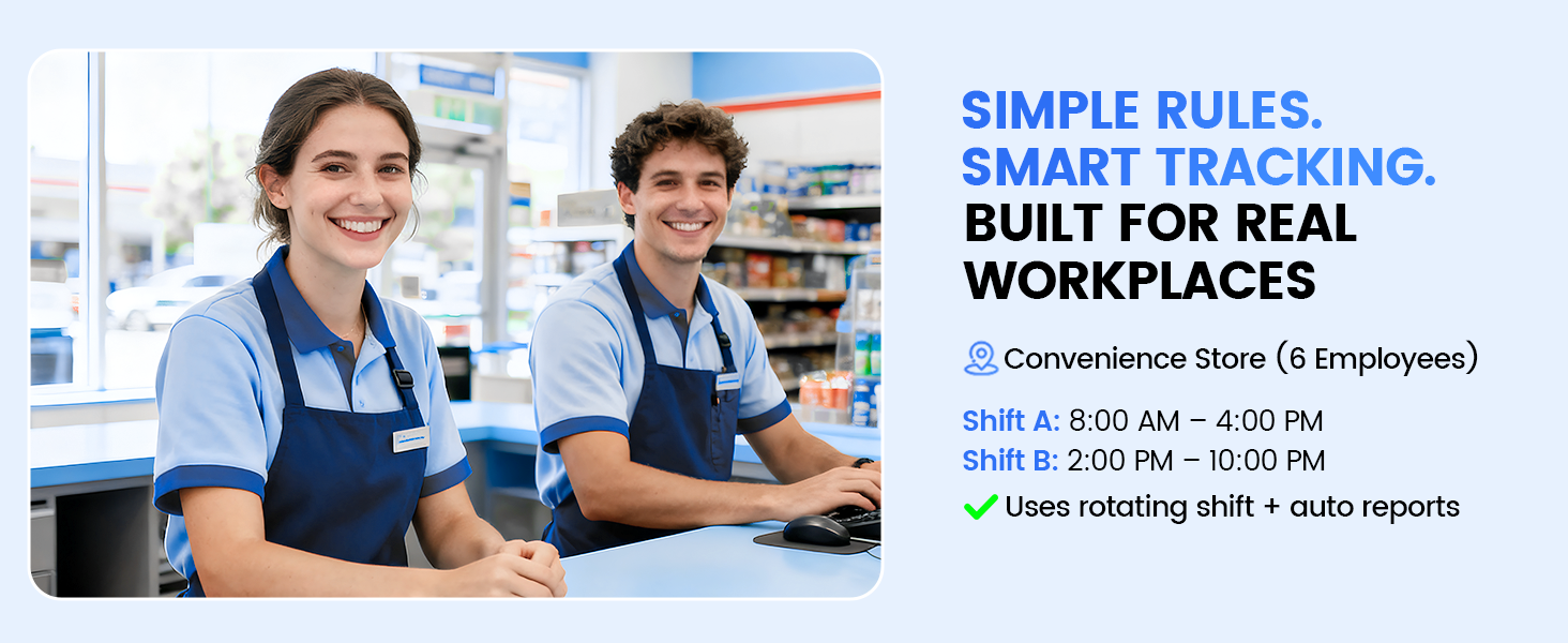 NTECO workforce management system smart tracking and simple rules for real workplaces - convenience store scheduling example with 6 employees, rotating shifts, and automated reporting.
