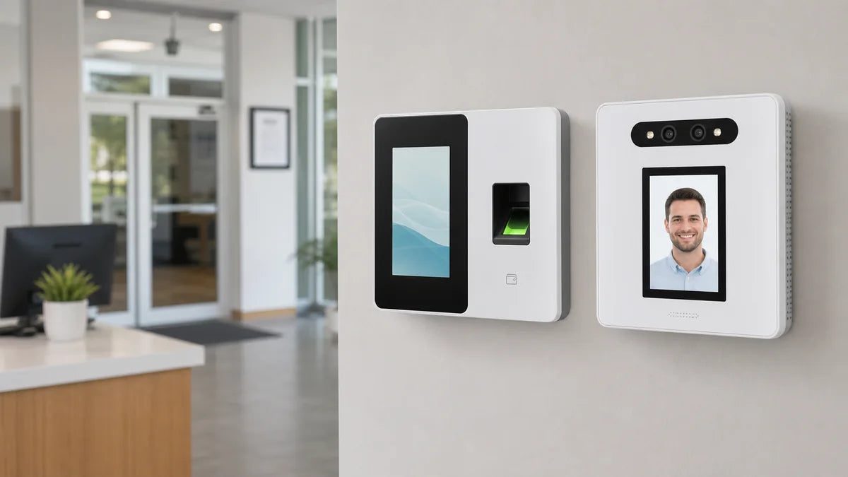 Fingerprint and facial recognition time clocks mounted side by side in an office entry