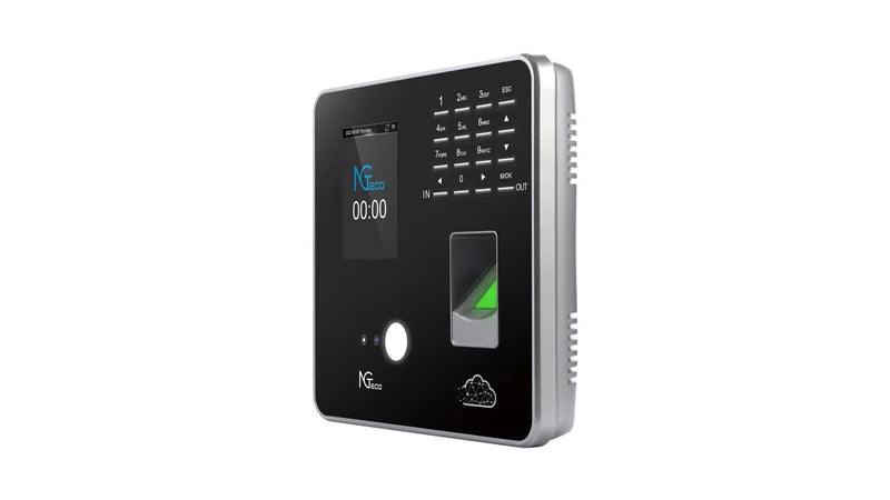 NGTeco TC1 cloud time clock featuring keypad and fingerprint scanner for employee time tracking