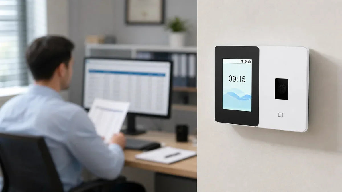 An office worker examines papers at his desk beside NGTECO Cloud Time Clock TC2 showing 09:15 with fingerprint scanner