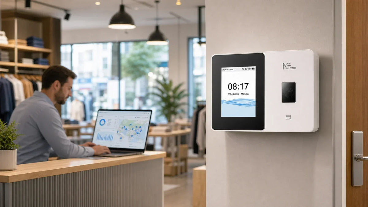 White NGTeco biometric time clock with fingerprint scanner showing 08:17 mounted near door in modern clothing store