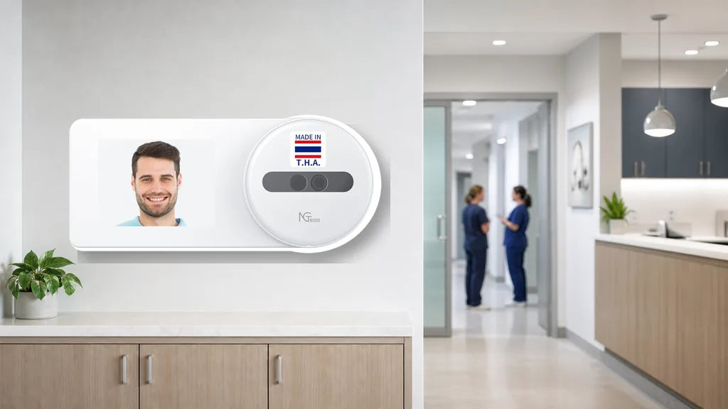 NGTeco TC5 touchless face recognition time clock mounted in a modern clinic staff entrance