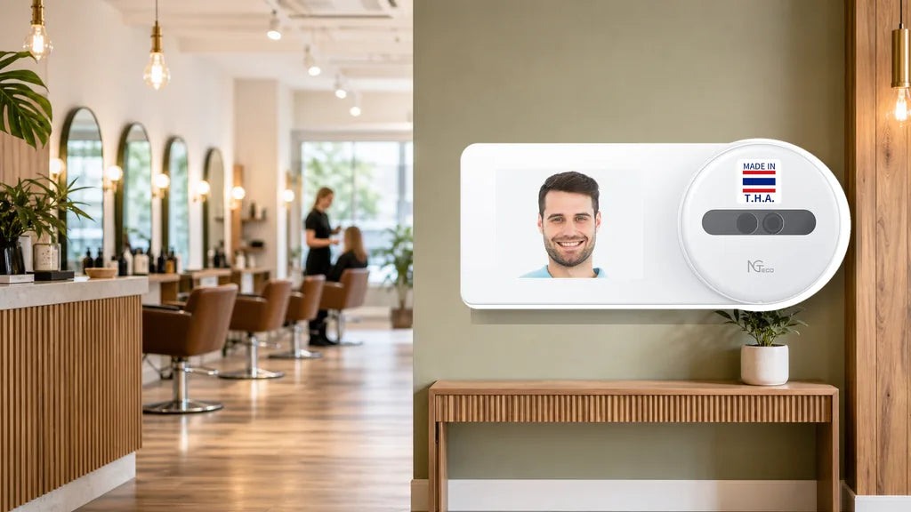NGTeco TC5 touchless face recognition time clock mounted at a modern hair salon staff entrance