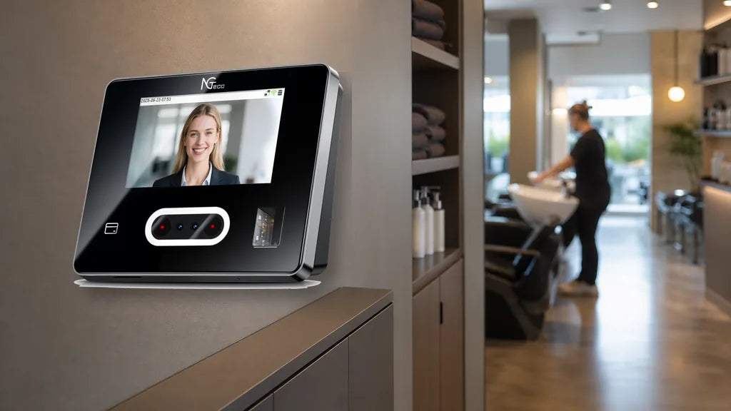 NGTECO facial recognition device mounted in a modern salon, with a stylist working in the background