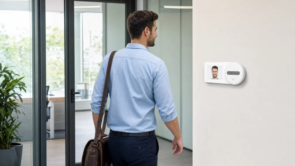NGTECO TC5 facial recognition time clock mounted at face height in an evenly lit office entrance