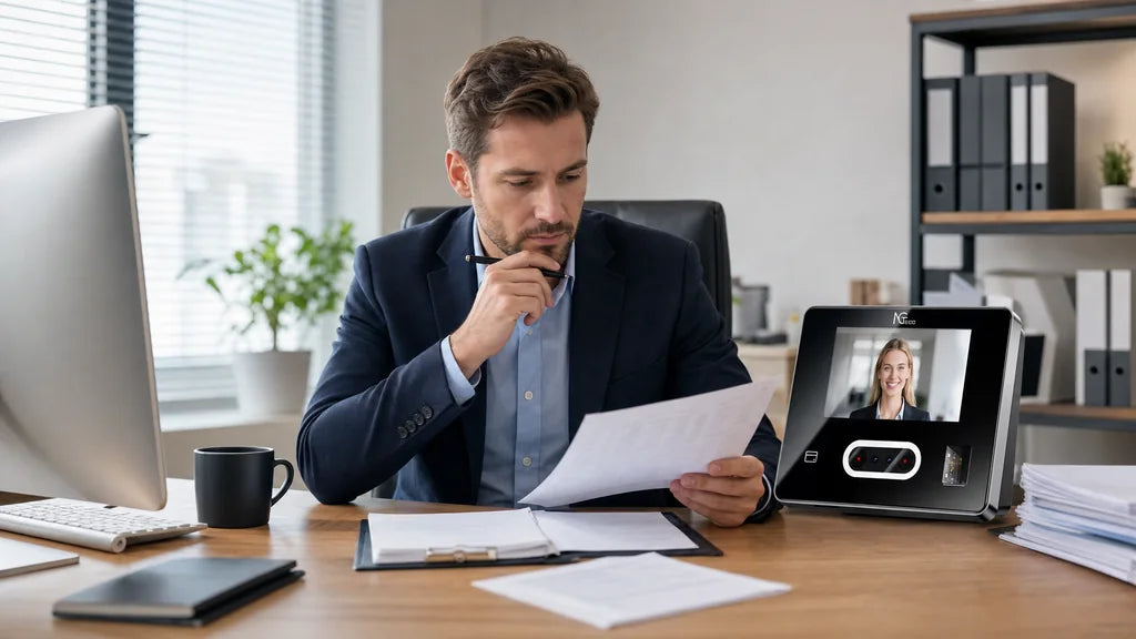 Payroll supervisor comparing attendance reports with an NGTECO TC3 time clock in the office
