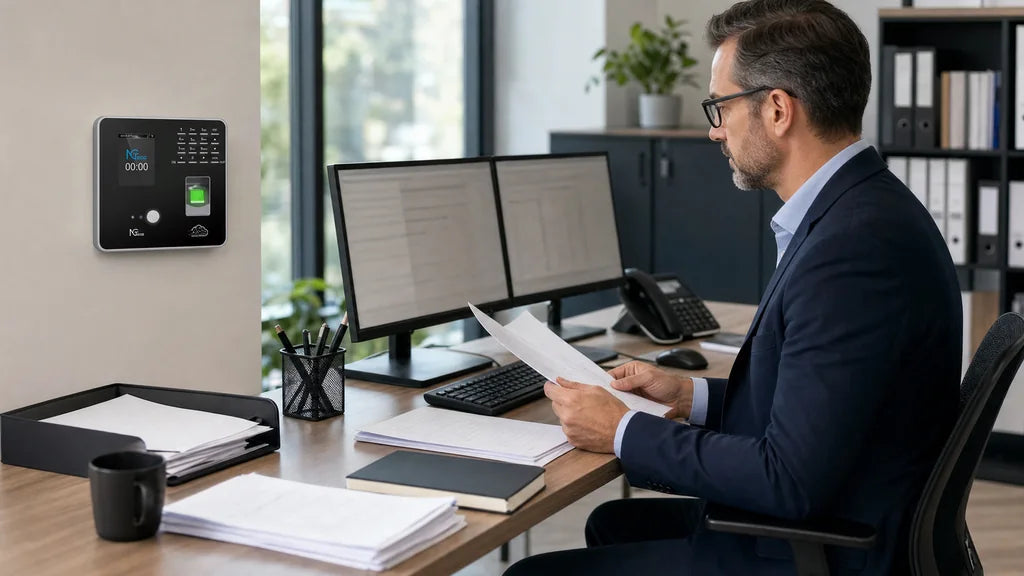 Manager reviewing reports at a desk beside a wall-mounted NGTeco fingerprint time clock in an office