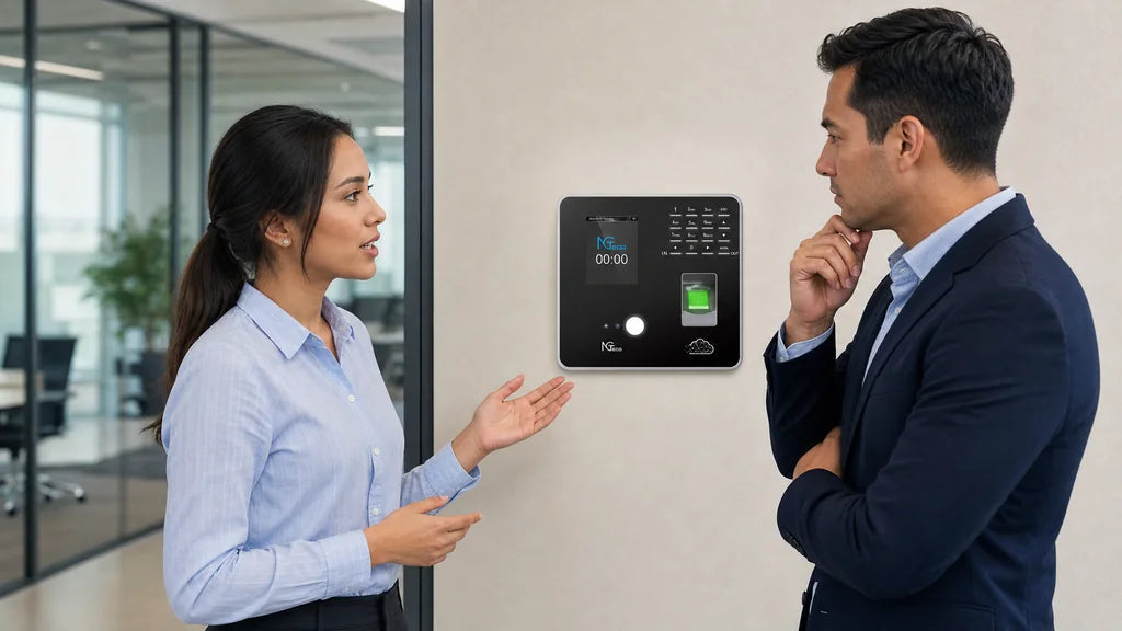 Employee reporting a missed punch to a supervisor near an NGTECO TC1 time clock