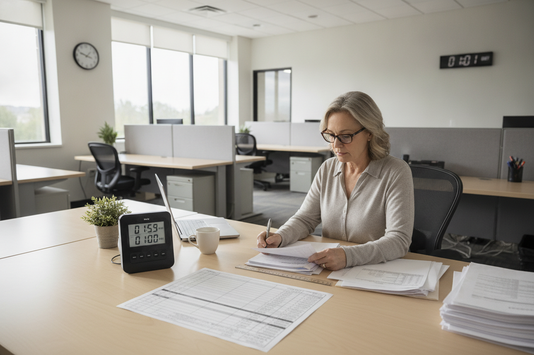 Woman reviews printed timesheets at a desk beside an NGTECO digital time clock in an open office