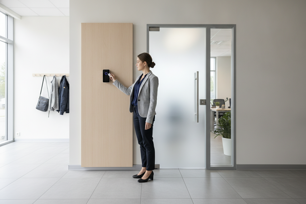 RFID time clock on a wall at a small workplace entrance with an employee tapping a card to clock in