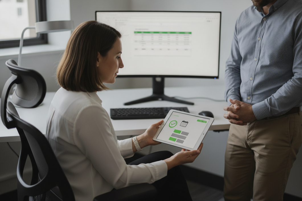 Two colleagues reviewing NGTeco time clock records on a tablet and desktop spreadsheet in an office