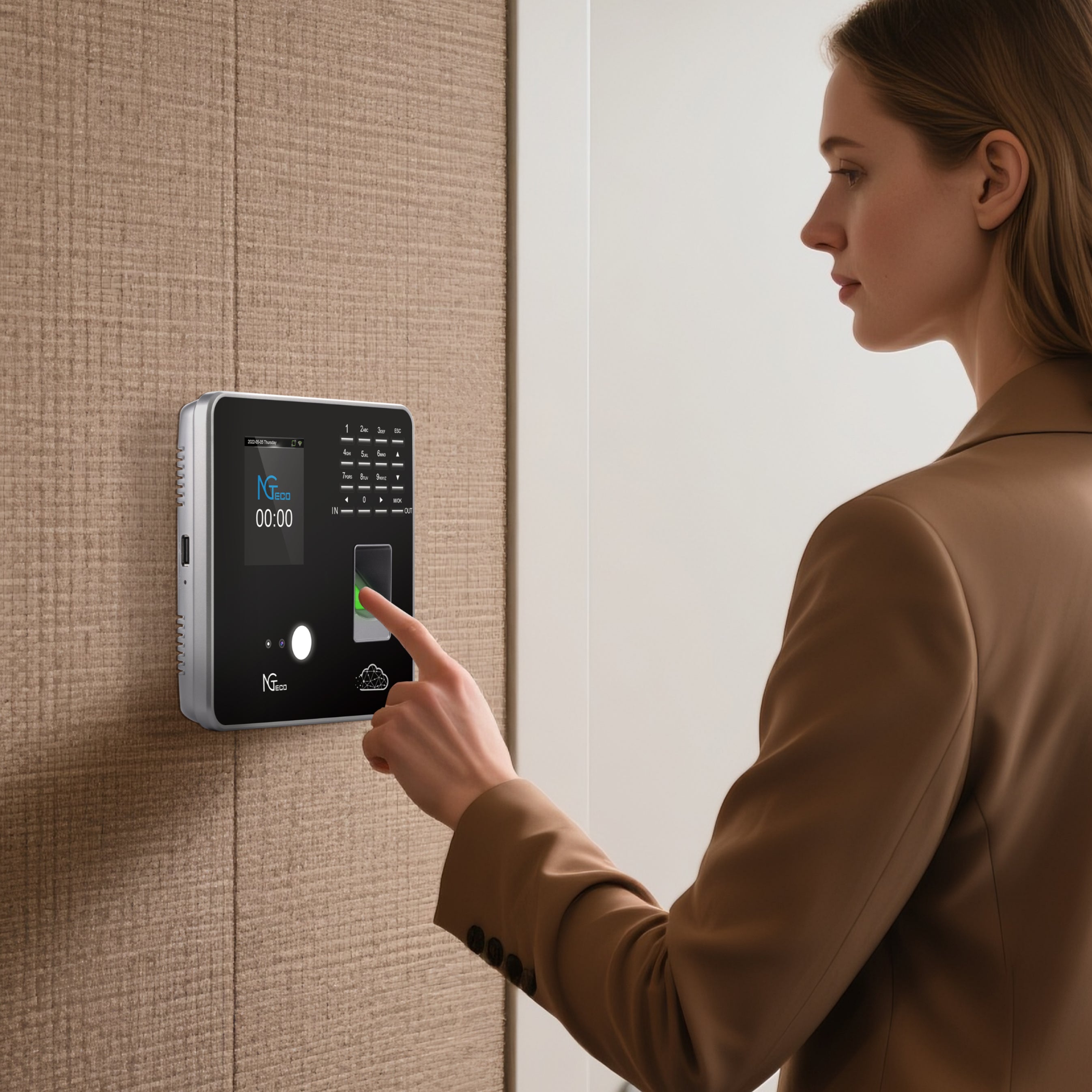 A female employee in a business suit uses the fingerprint scanner on a biometric time clock to clock in.