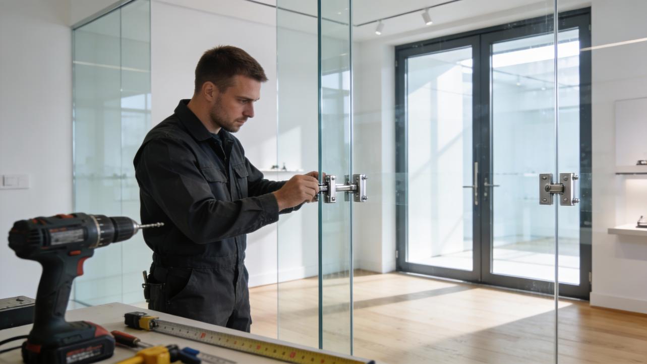 A technician installs hardware on a glass door in a bright office, with a power drill and tools in the foreground
