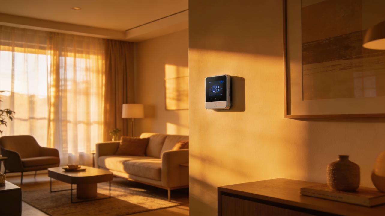 A smart time clock on the wall of a sun-drenched living room, glowing softly in the warm golden hour light