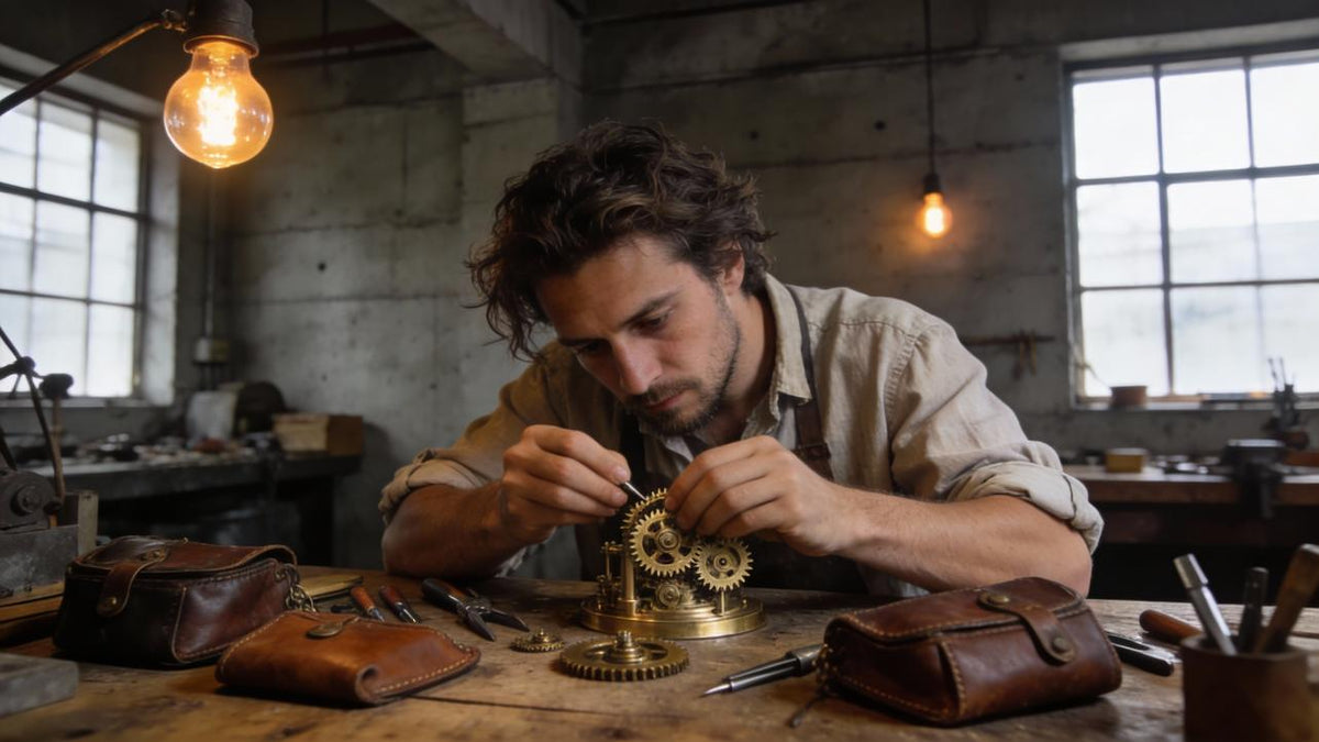 Craftsman assembling brass gears at a wooden workshop bench with leather pouches and hanging bulbs