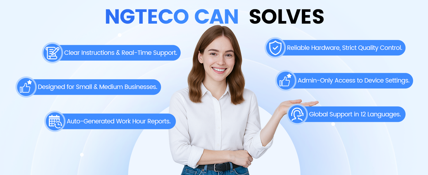 NGTECO Workforce Management Solution - Features including clear instructions, real-time support, auto-generated reports, reliable hardware, admin-only settings, and multilingual global support for small and medium businesses.