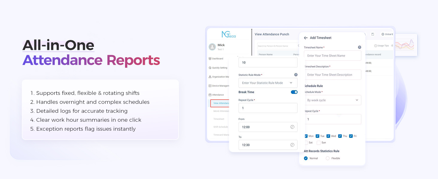 All‑in‑one attendance report infographic for small and midsize businesses — supports fixed, flexible and rotating shifts, overnight and complex schedules, detailed logs, one‑click work‑hour summaries and instant exception reports.