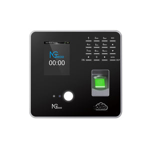 Cloud Time Clock TC1: Black biometric device with touchscreen showing 00:00, keypad, and fingerprint scanner.