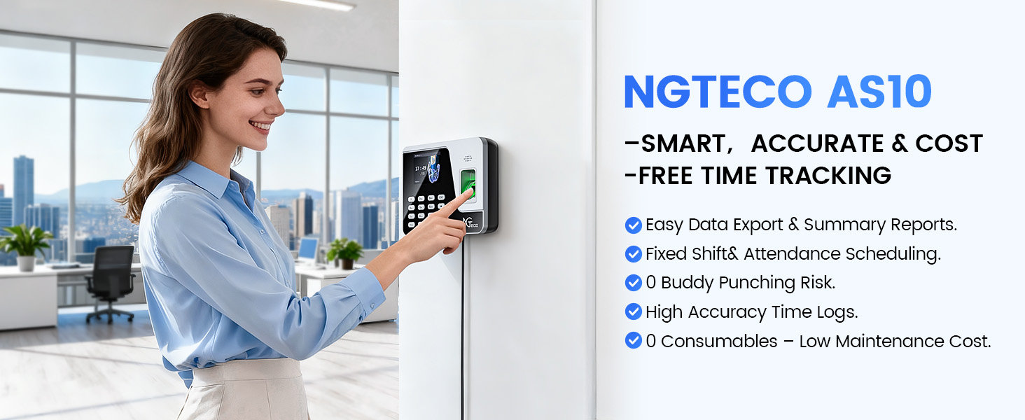 NGTECO AS10 smart biometric time tracking system - Accurate, cost-effective, and easy to use. Featuring fingerprint scanning, high accuracy time logs, and low maintenance cost. Ideal for fixed shift and attendance scheduling with no buddy punching risk. Perfect for office environments.