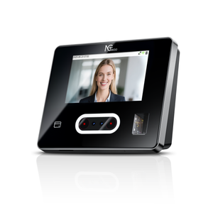 Cloud Time Clock TC3 with facial recognition and touchscreen, showing a smiling woman on screen.