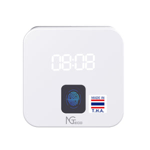 White Cloud Time Clock TC4 with digital display showing 08:08, fingerprint scanner, and 'Made in T.H.A.' sticker.
