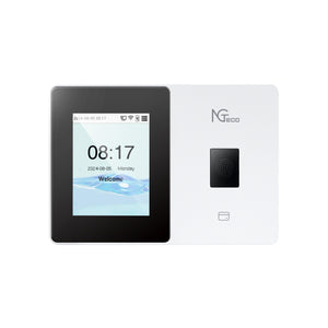 NGTECO Cloud Time Clock TC2 with touchscreen display showing time and date, fingerprint scanner, and card slot.