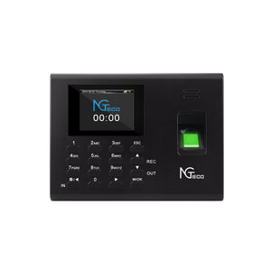 Black WiFi time clock with fingerprint scanner, keypad, and color screen displaying NGTeco logo and time.